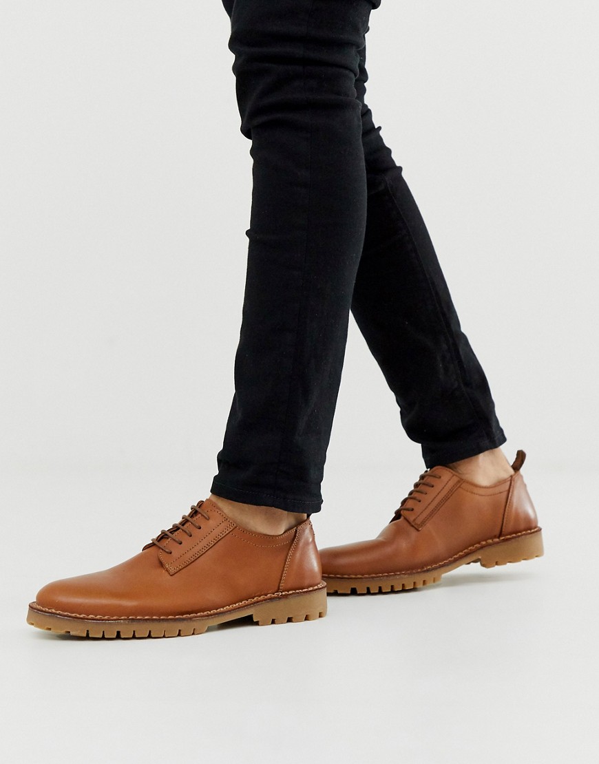 Selected Homme - Leren derby schoenen met dikke zool in bruin
