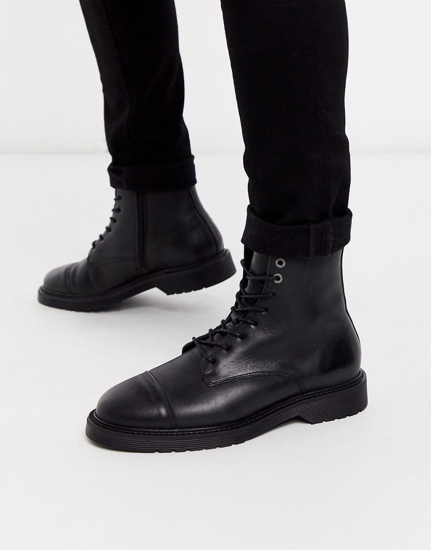 Selected Homme - Leren wandellaarzen met veters in zwart