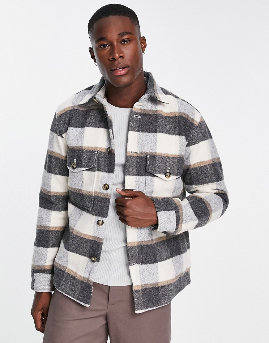 Selected Homme lined check jacket in cream and gray-White