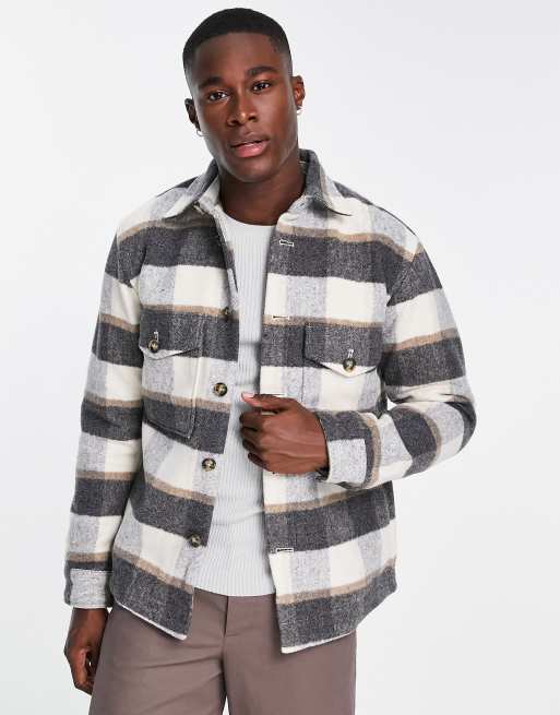 Selected Homme lined check jacket in cream and gray | ASOS