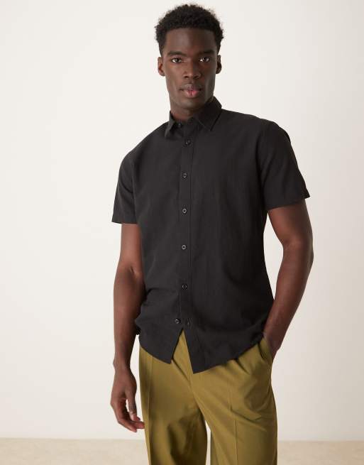 Selected homme linen blend short sleeve shirt in black