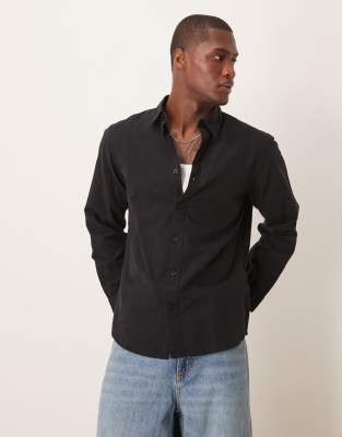 linen blend slim shirt in black