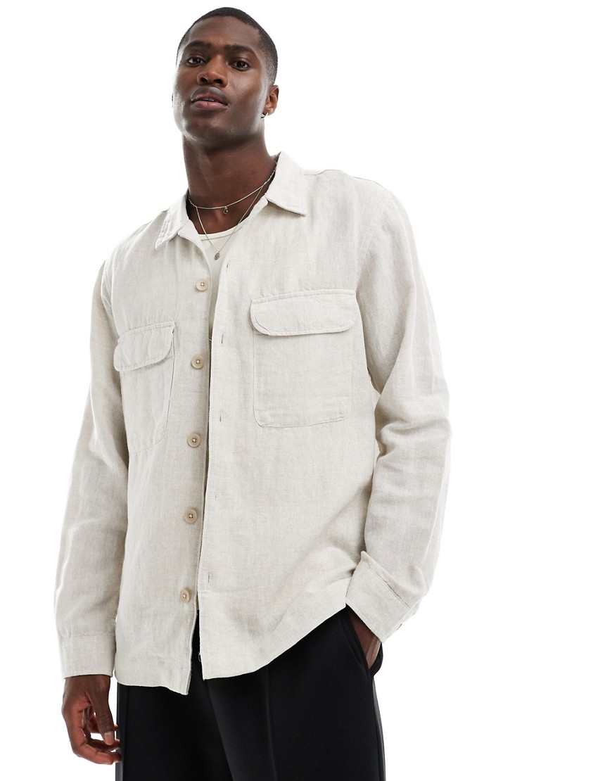 Selected Homme linen mix overshirt in beige-Neutral