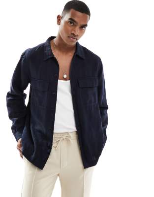 Selected Homme Linen Mix Overshirt In Navy