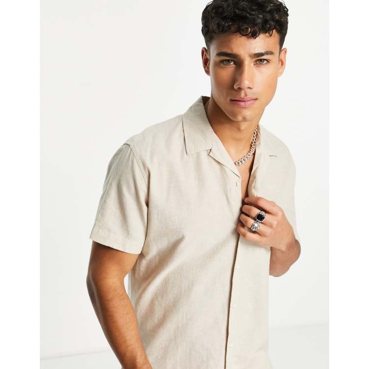 Selected Homme linen mix revere short sleeve shirt in beige