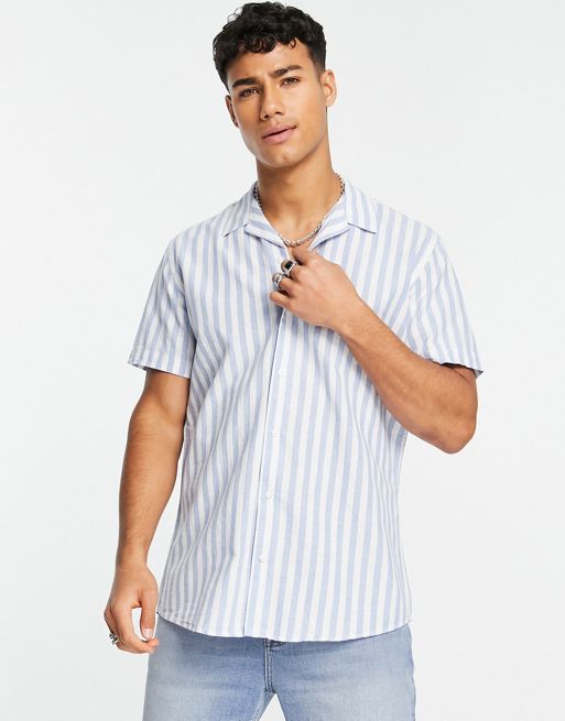 Selected Homme linen mix revere short sleeve shirt in blue stripe | ASOS