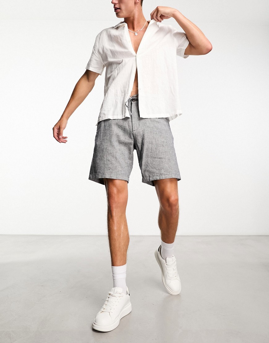 Selected Homme Linen Mix Shorts In Navy Plaid
