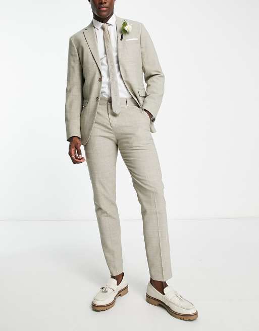 Slim Fit Linen Suit Pants - Beige - Men