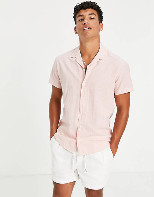 Selected Homme linen shirt with revere collar in pink