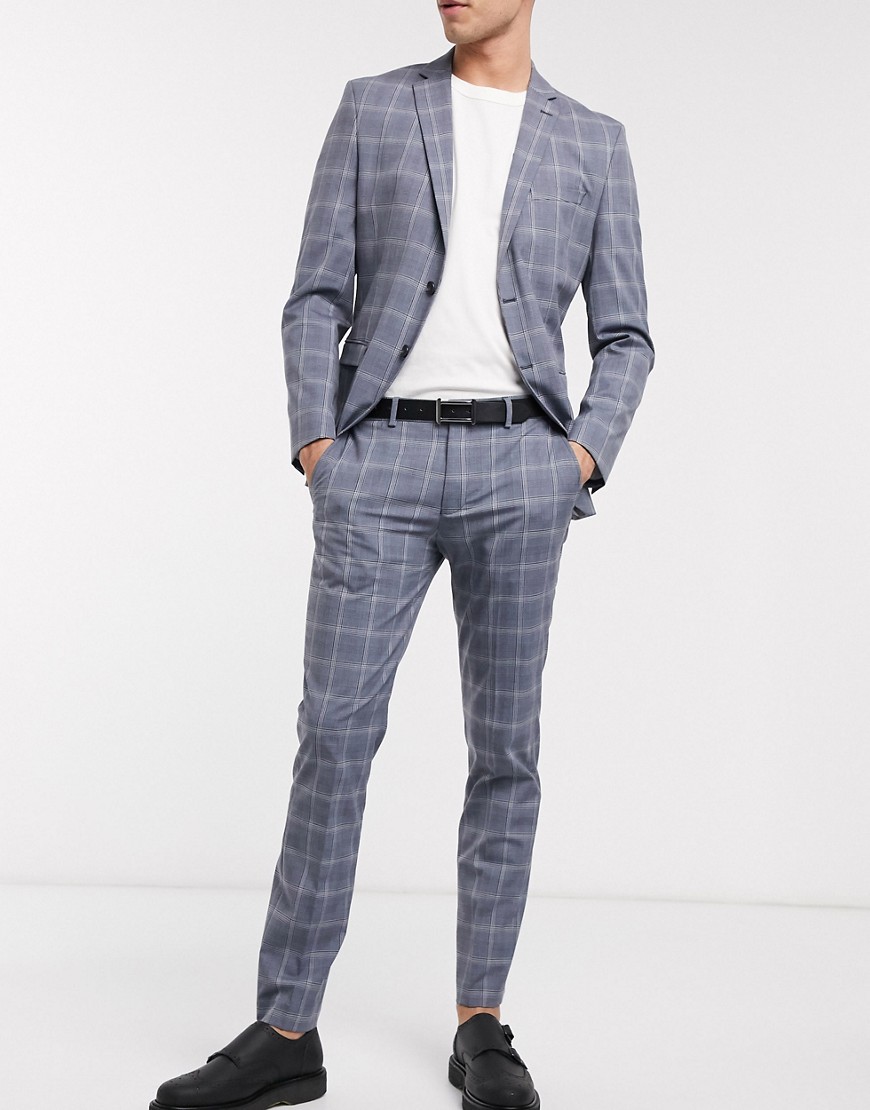 Selected Homme – Ljusblå rutiga kostymbyxor med stretch och smal passform