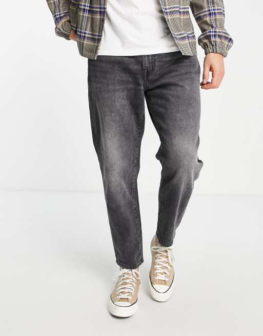 Selected Homme – Locker geschnittene, verkürzte Baumwoll-Jeans in verwaschenem Dunkelgrau - GREY