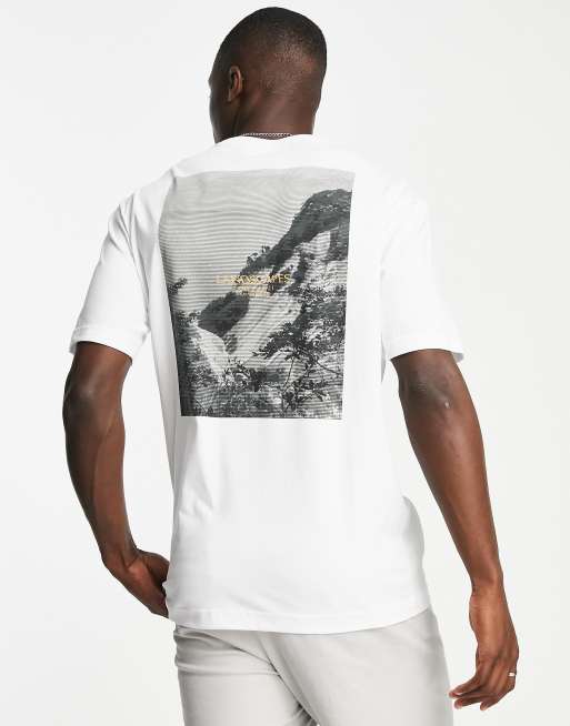 Selected Homme – Locker geschnittenes Baumwoll-T-Shirt in Weiß mit abstraktem Landschafts-Print auf dem Rücken - WHITE