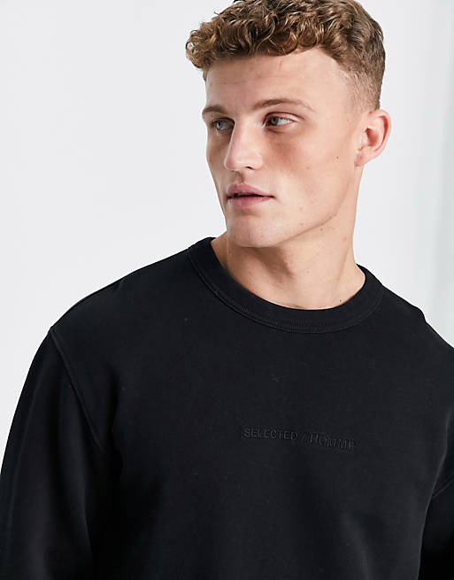 Selected Homme logo crew neck sweat in washed black | ASOS