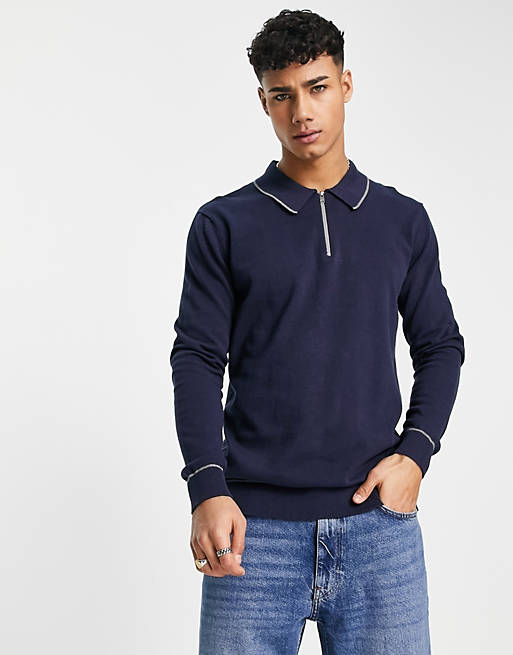 Selected Homme long sleeve 1/4 zip polo in navy 