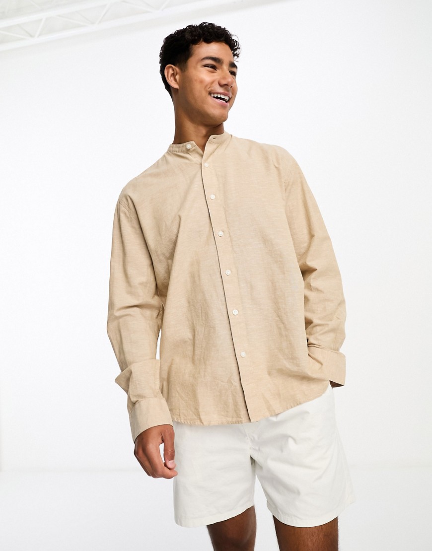 long sleeve band collar linen shirt in beige-Neutral