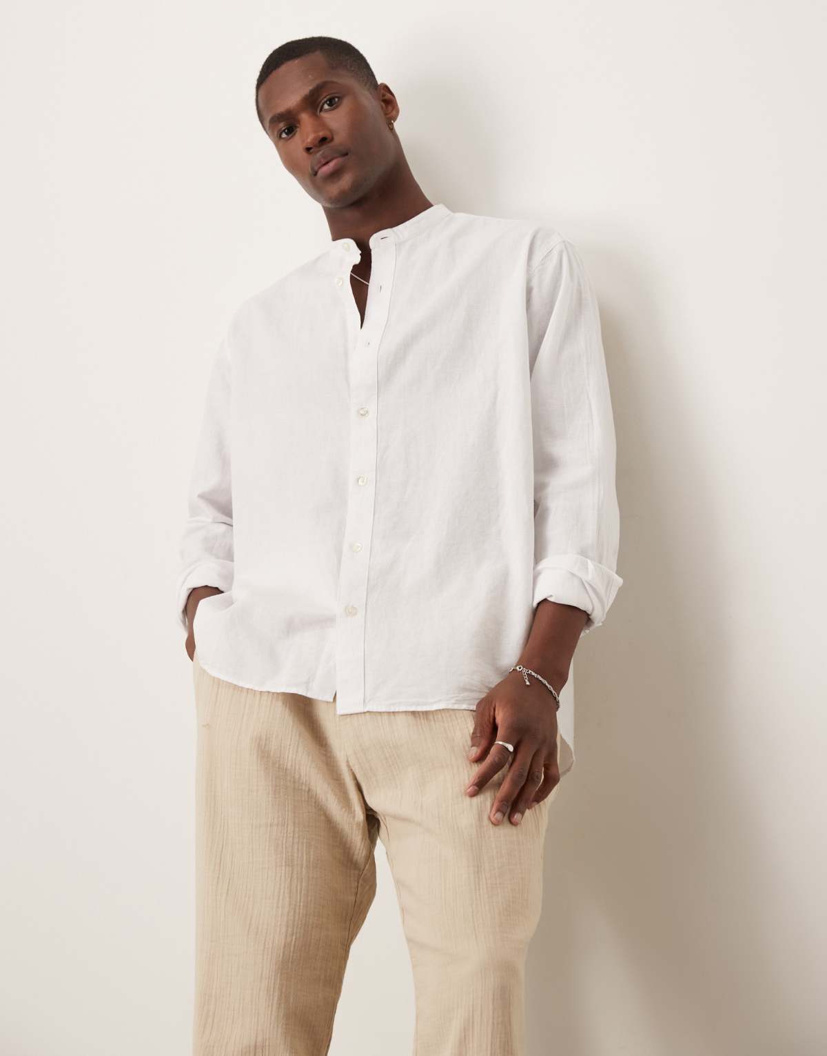Selected Homme long sleeve grandad collar linen blend shirt in white