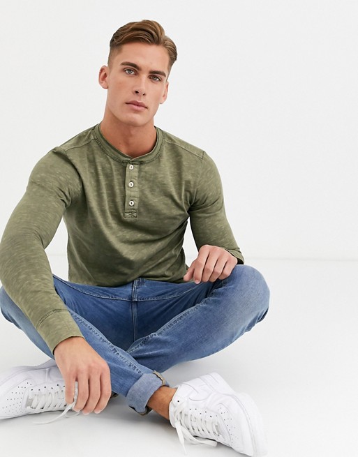 Selected Homme long sleeve henley top in khaki