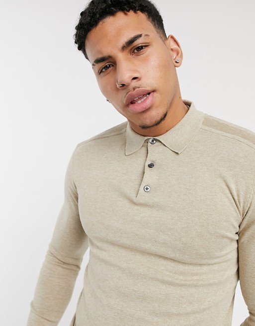 Selected Homme long sleeve knitted polo in beige