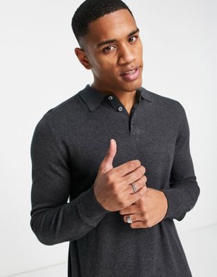 Selected Homme long sleeve knitted polo in grey