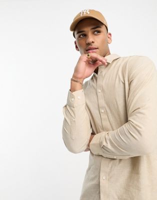 Selected Homme long sleeve linen mix shirt in beige