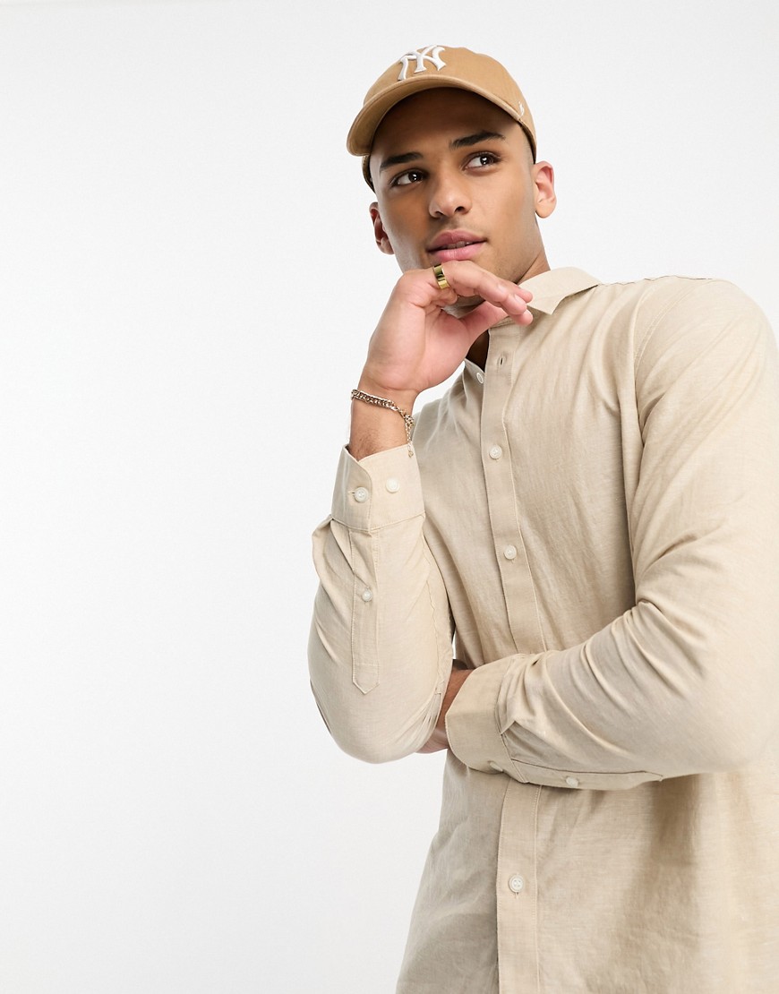 Selected Homme Long Sleeve Linen Mix Shirt In Beige-neutral