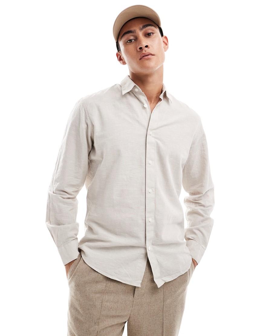 Selected Homme long sleeve linen mix shirt in beige-Neutral
