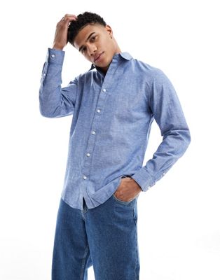 Shop Selected Homme Long Sleeve Linen Mix Shirt In Blue