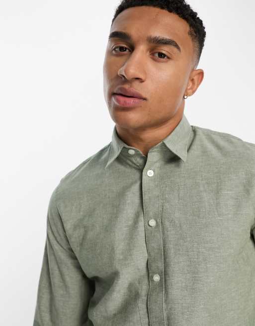 Selected Homme long sleeve linen mix shirt in green ASOS