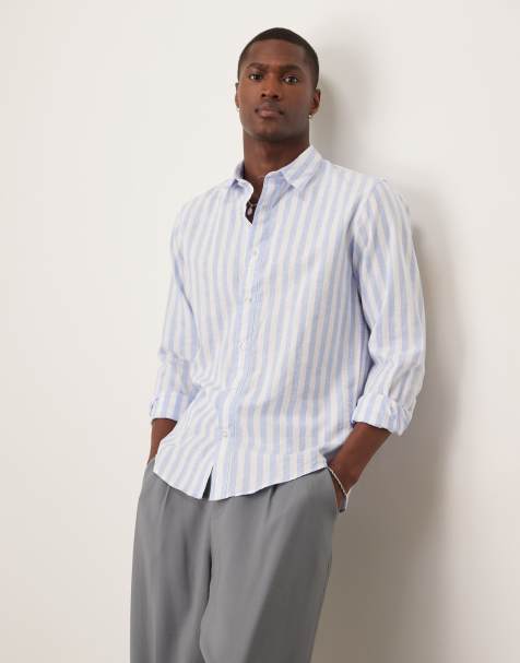 Selected Homme long sleeve linen mix shirt in light blue stripe - view 1