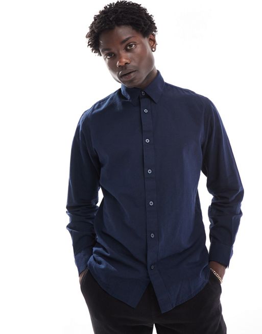 Selected Homme long sleeve linen shirt in navy