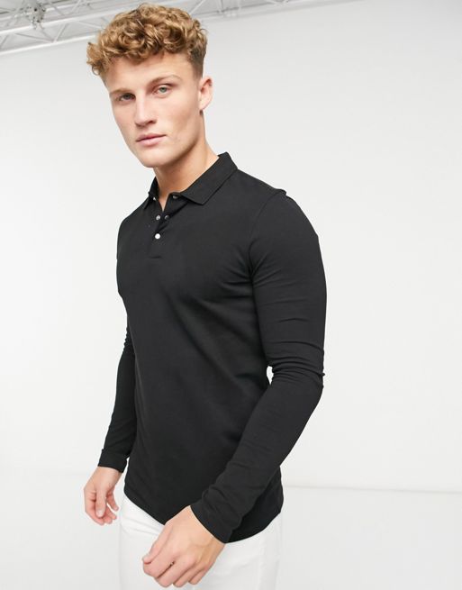 Selected Homme long sleeve polo with silver buttons in black | ASOS