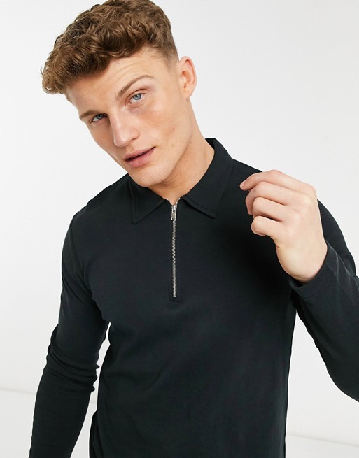 Selected Homme long sleeve polo with zip neck in black