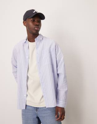 long sleeve seersucker shirt in blue stripe