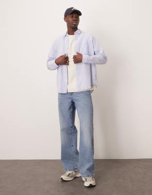 Selected Homme Long Sleeve Seersucker Shirt In Blue