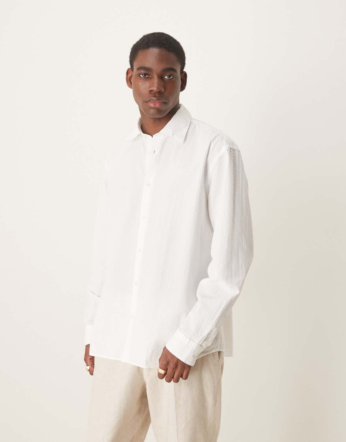Selected Homme long sleeve seersucker shirt in white