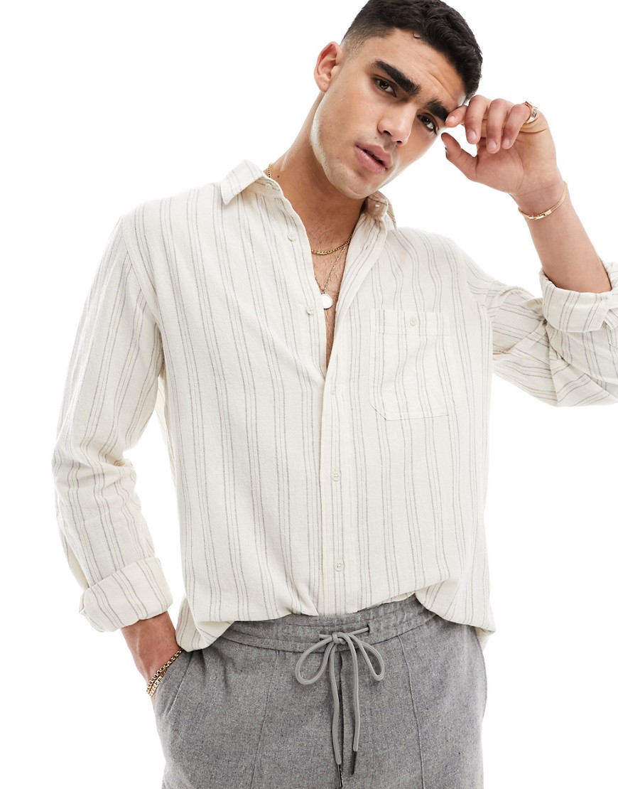 Selected Homme long sleeve shirt in textured stripe in ecru-White