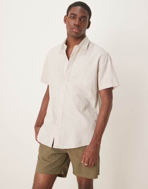 Selected Homme long sleeve stand collar linen blend shirt in cream - view 1