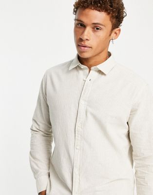 Selected Homme long sleeve stripe shirt in stone - ASOS Price Checker