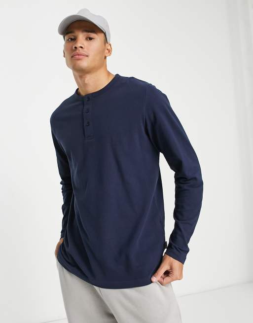 Selected Homme long sleeve T shirt with band collar in navy