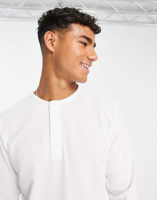 Selected long sleeve t-shirt with grandad collar in white | ASOS