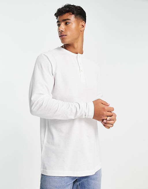 Puzzled Encouragement binary Selected Homme long sleeve t-shirt with grandad collar in white | ASOS