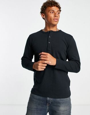 Selected Homme long sleeve top with henley neck in black - ASOS Price Checker