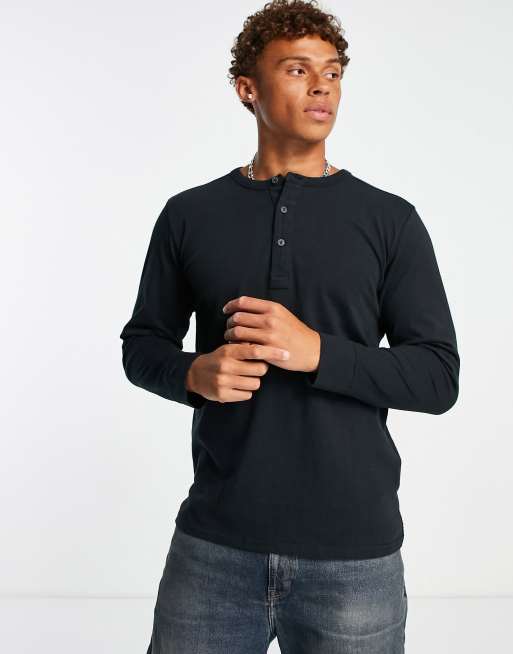 Selected Homme long sleeve top with henley neck in black