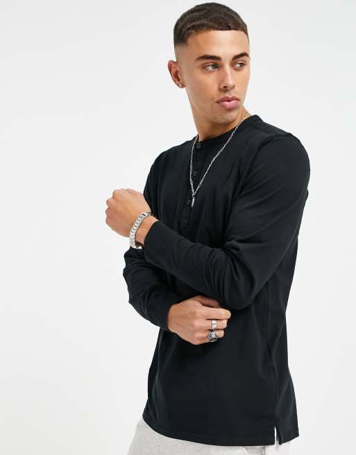 Selected Homme long sleeve top with henley neck in black