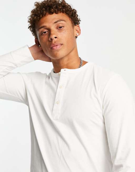 Selected Homme long sleeve top with henley neck in white