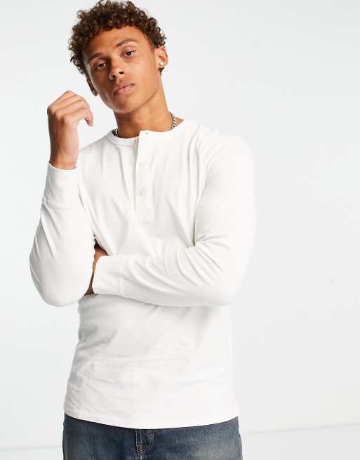 Selected Homme long sleeve top with henley neck in white