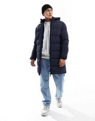 Selected Homme longline puffer jacket with hood in navy