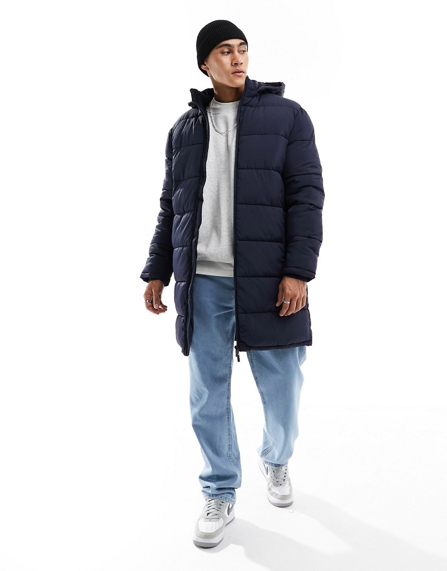 Selected Homme longline puffer jacket with hood in navy
