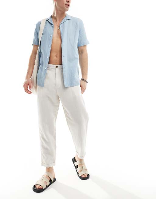 Selected Homme loose fit cropped linen mix pants in beige