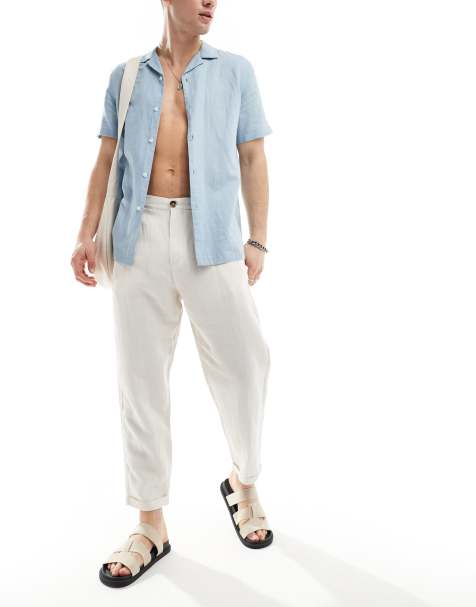 Selected Homme loose fit cropped linen mix trouser in beige - view 1